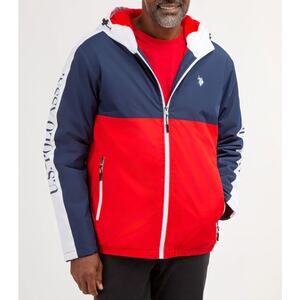 U.S. Polo Assn. Red-White-Blue Spellout Colorblock Logo Hoodie Jacket Sz XL